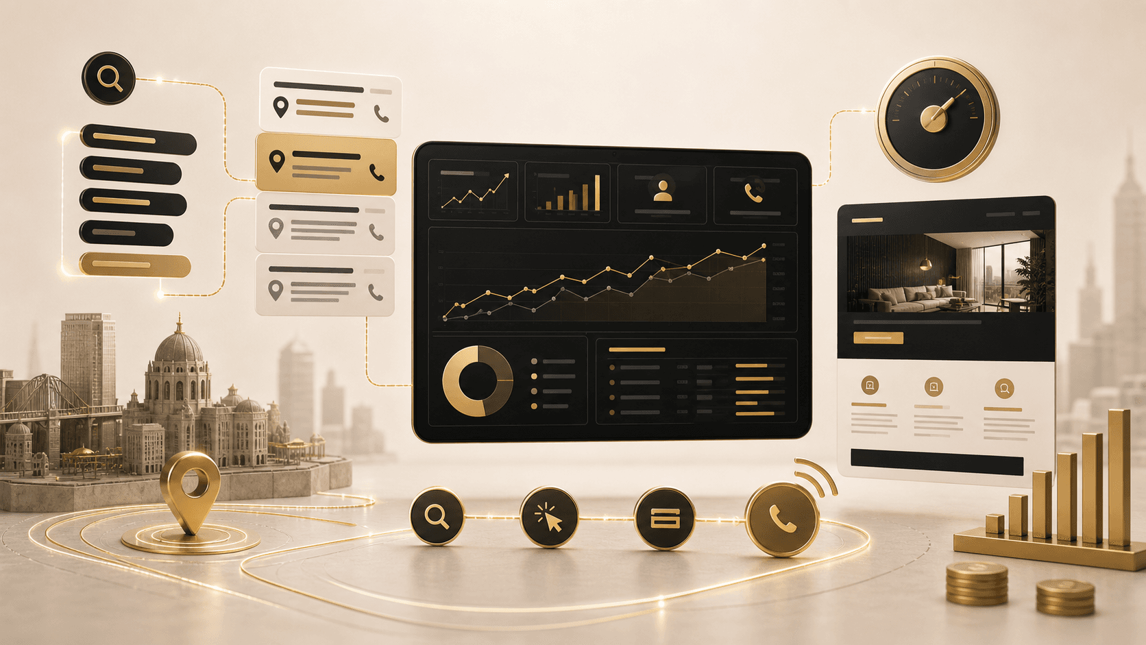 Premium Google Ads dashboard with budget dial, search campaign paths, and conversion signals