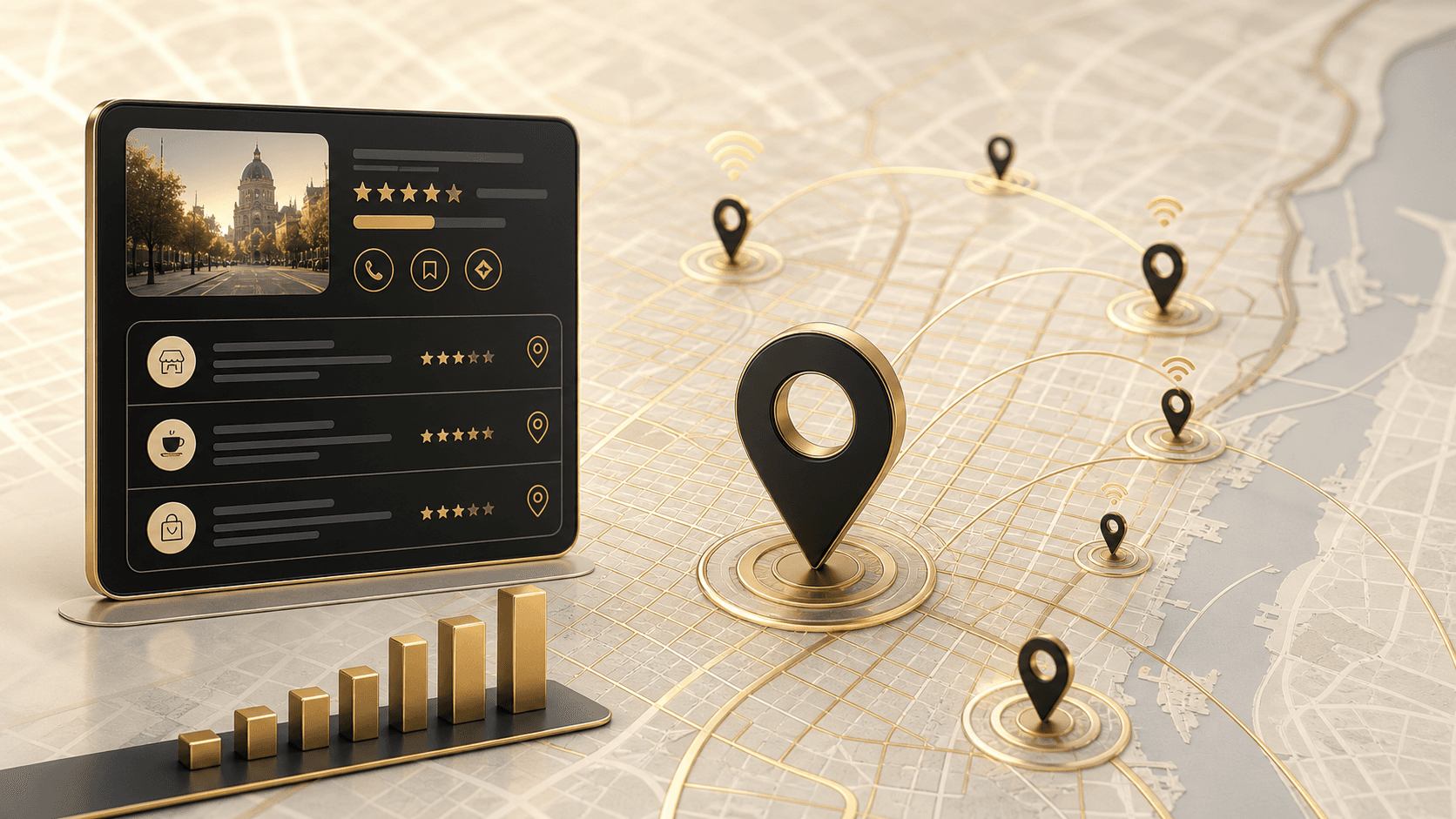 Tableau de bord SEO local a Montreal avec epingles dorees et grille de classement
