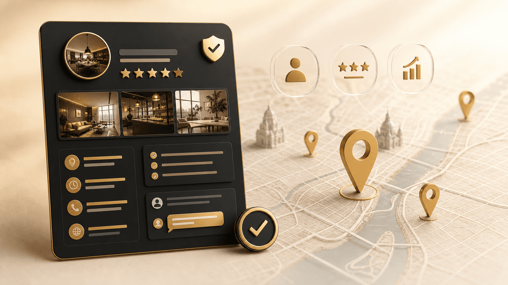 Google Business Profile optimization visual with review stars, service blocks, and local trust signals