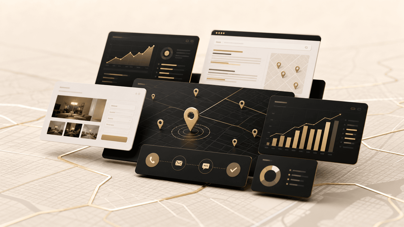 Premium local business growth system visual with search, website, ads, and automation panels